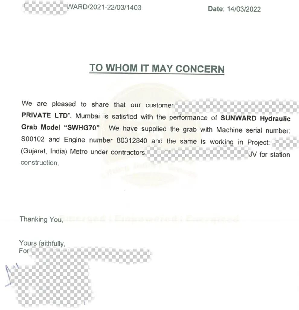 感激信！2138cn太阳集团城智能SWHG70液压抓斗助力外洋基础施工获注定