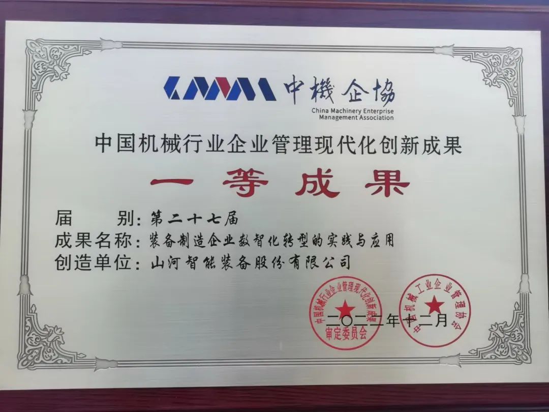 厉害！！！2138cn太阳集团城智能喜获第二十七届中国机械行业企业治理现代化创新成就一等奖