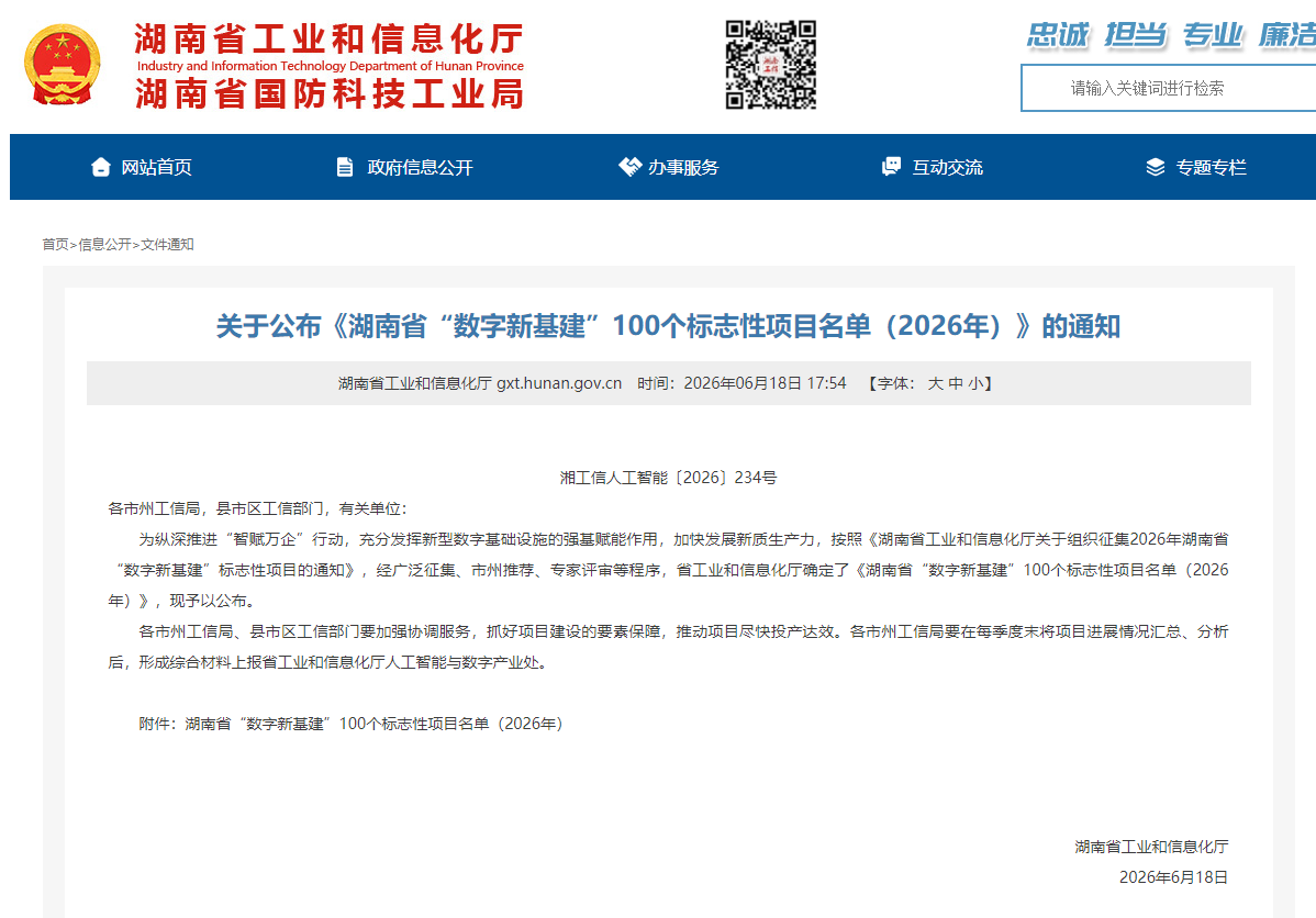数智赋能，，智联将来！2138cn太阳集团城智能两项目入选湖南省“数字新基建”100个标志性项目名单